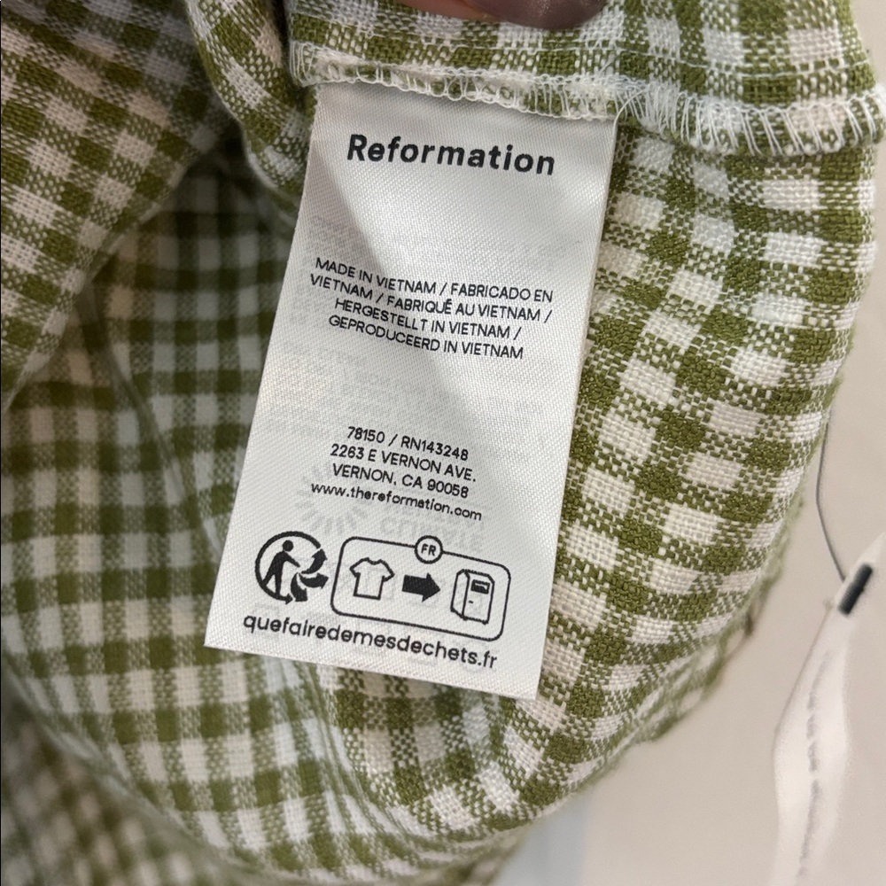 Reformation NWT Celosia Gingham Linen Mini Dress in Avocado Check Size 0 - Picture 8 of 11